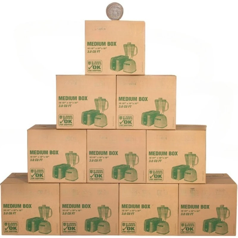 

Medium Moving Boxes - Pack of 10 Boxes with Handles - 18” x 18 1/8” x 16”- Bonus Roll of Tape Included