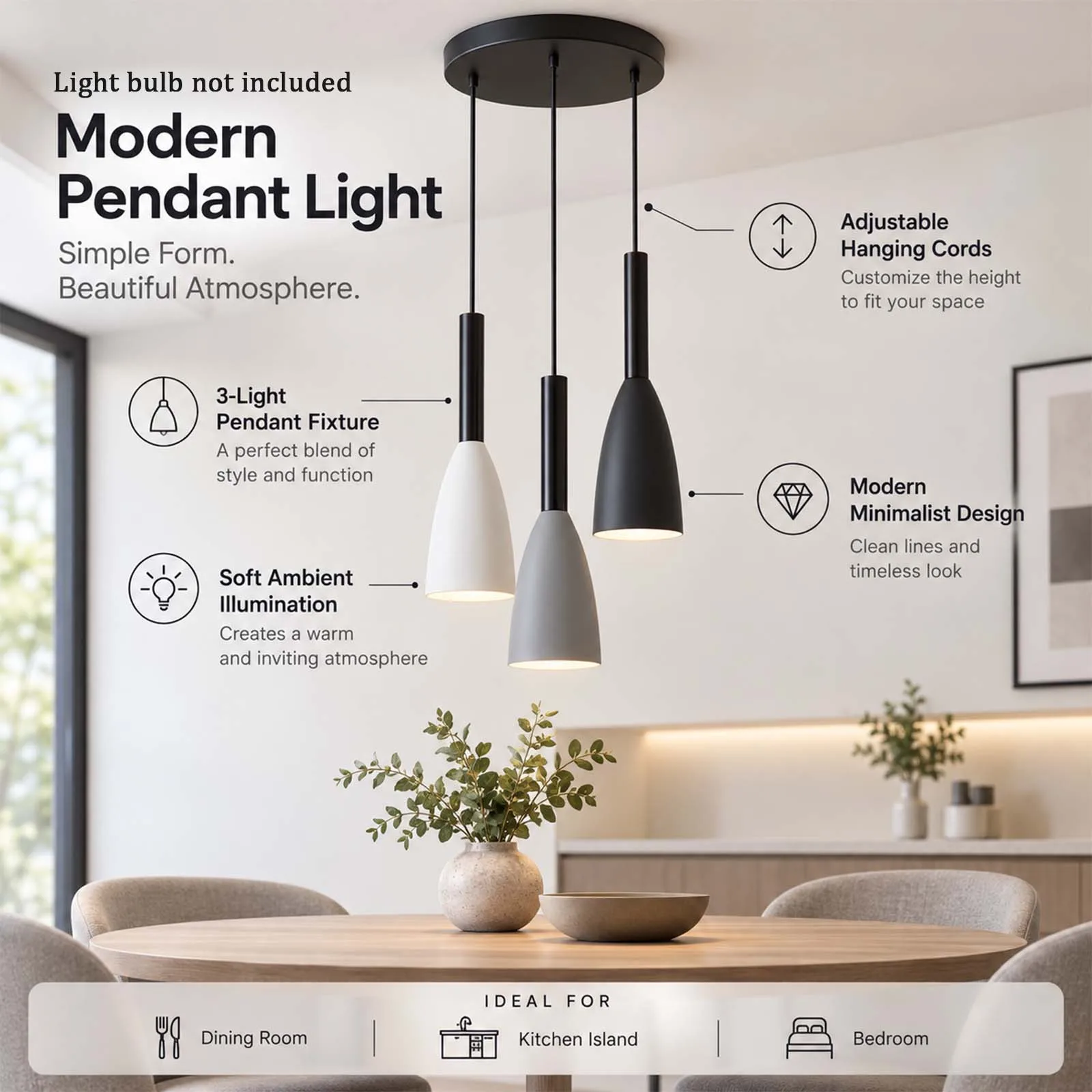 3 Light Chandelier, Bottle Cone Shade, White Grey Black, E27 Modern Kitchen Island