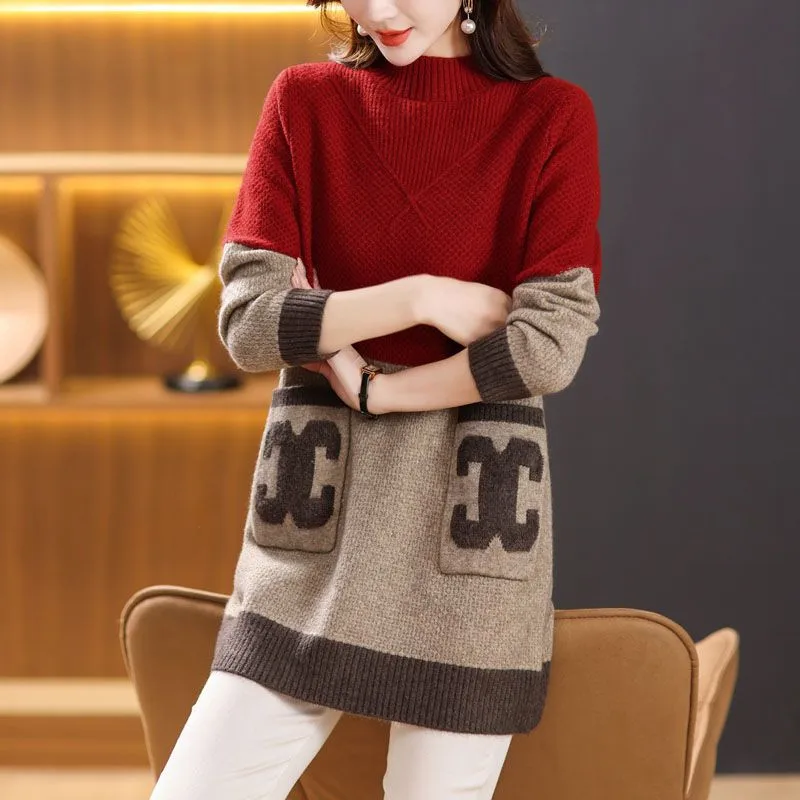 

Длинный женский свитер, новинка 2025, женское трикотажное пальто, осень-зима, свободное внутреннее пальто, куртка с полувысоким воротником, нижние майки