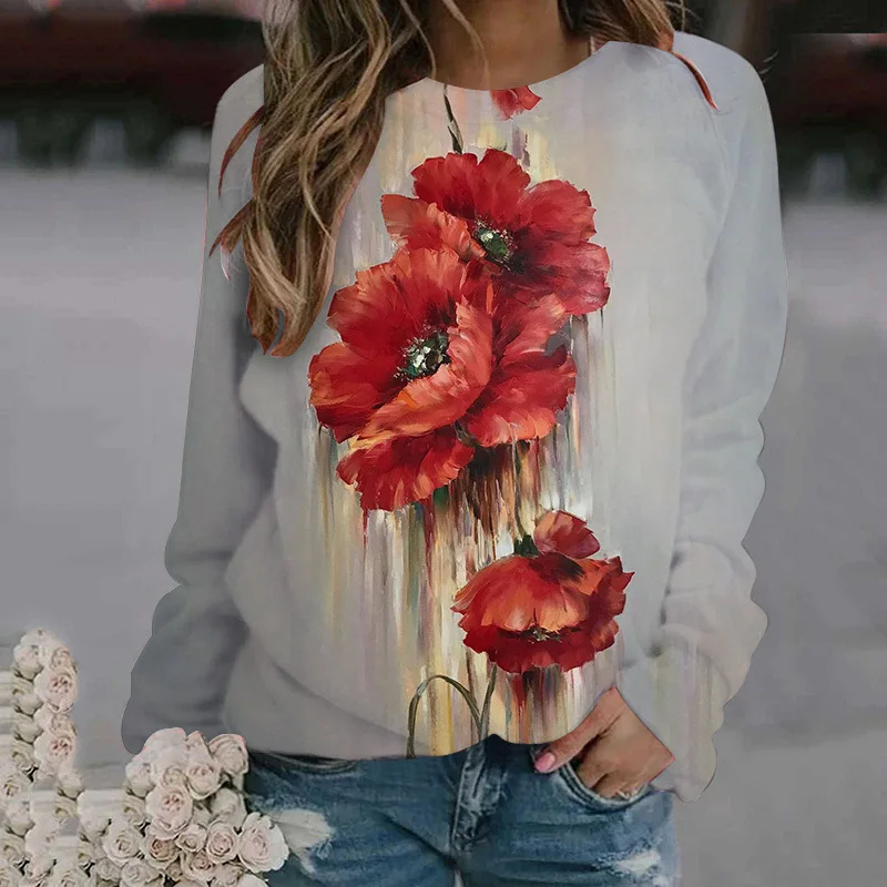 Autumn Women\'s Oil Painting Flower Print Round Neck Long Sleeve Loose Fashion Fresh Women\'s Sweatshirt Fashion Versatile Hoodie