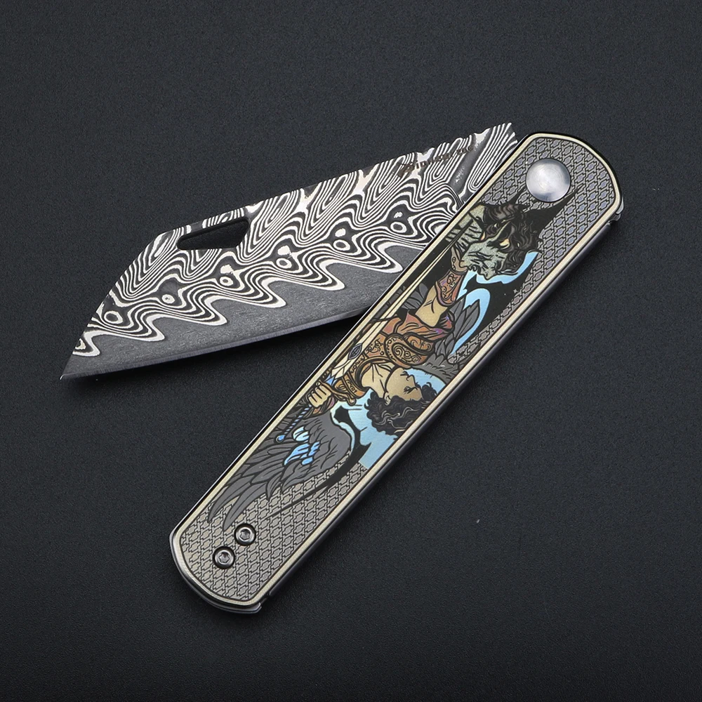 XUANTENG [Angel Overcomes the Devil] Titanium alloy handle pocket knife VG10 Damascus folding knife view 5