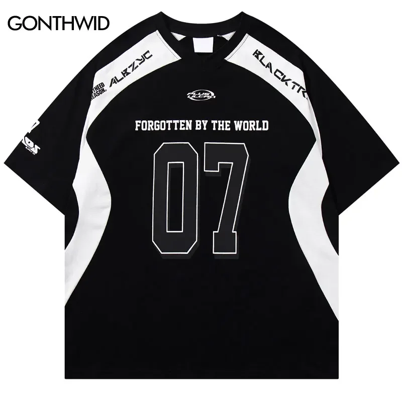 

Винтажные мужские футболки Y2K в стиле хип-хоп с графическим принтом, гоночные спортивные лоскутные футболки с короткими рукавами, уличная одежда, мешковатые топы с v-образным вырезом в стиле Харадзюку