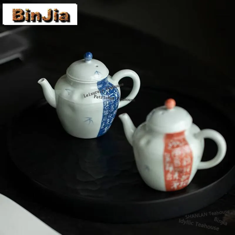 135ml Sprinkle Blue Handmade Teapot Household Handwritten Poetry Teapot Ancient Filter Pot Tea Brewing Kettle Tea Items Ornament