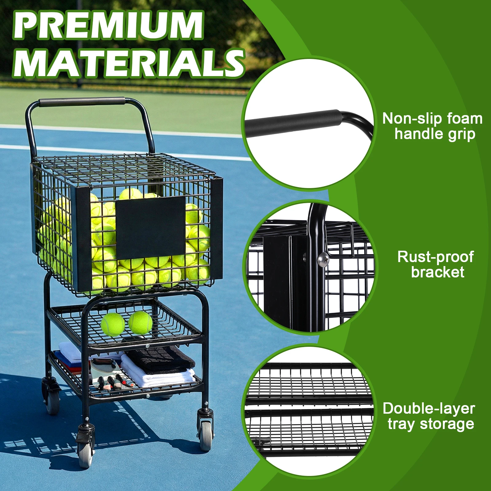 

Tennis Ball Basket Cart with Easy Load Training Ball Pickup Basket Holds 350 Balls for Teaching & Court Use