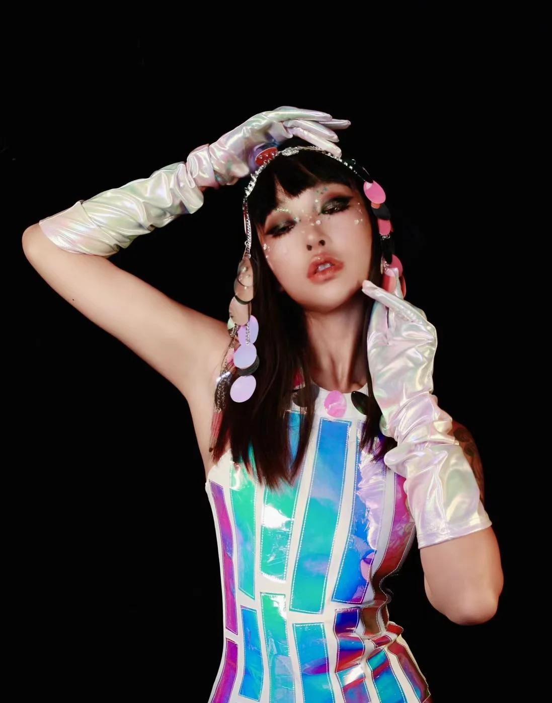 Club nocturno Bar Gogo traje de escenario de baile mono con flecos láser guantes bailarina cantante ropa de actuación Drag Queen ropa yj170