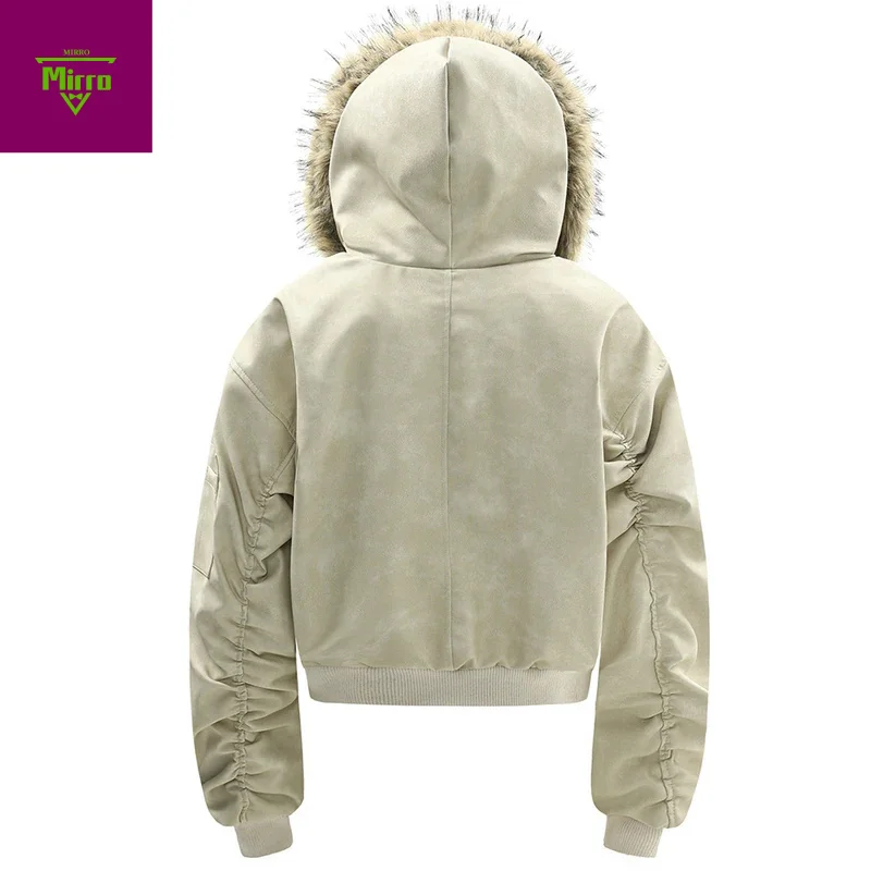 남성 겨울 자켓 퍼 칼라 PU 가죽 파카 코트 빈티지 플러시 따뜻한 자켓 아우터웨어