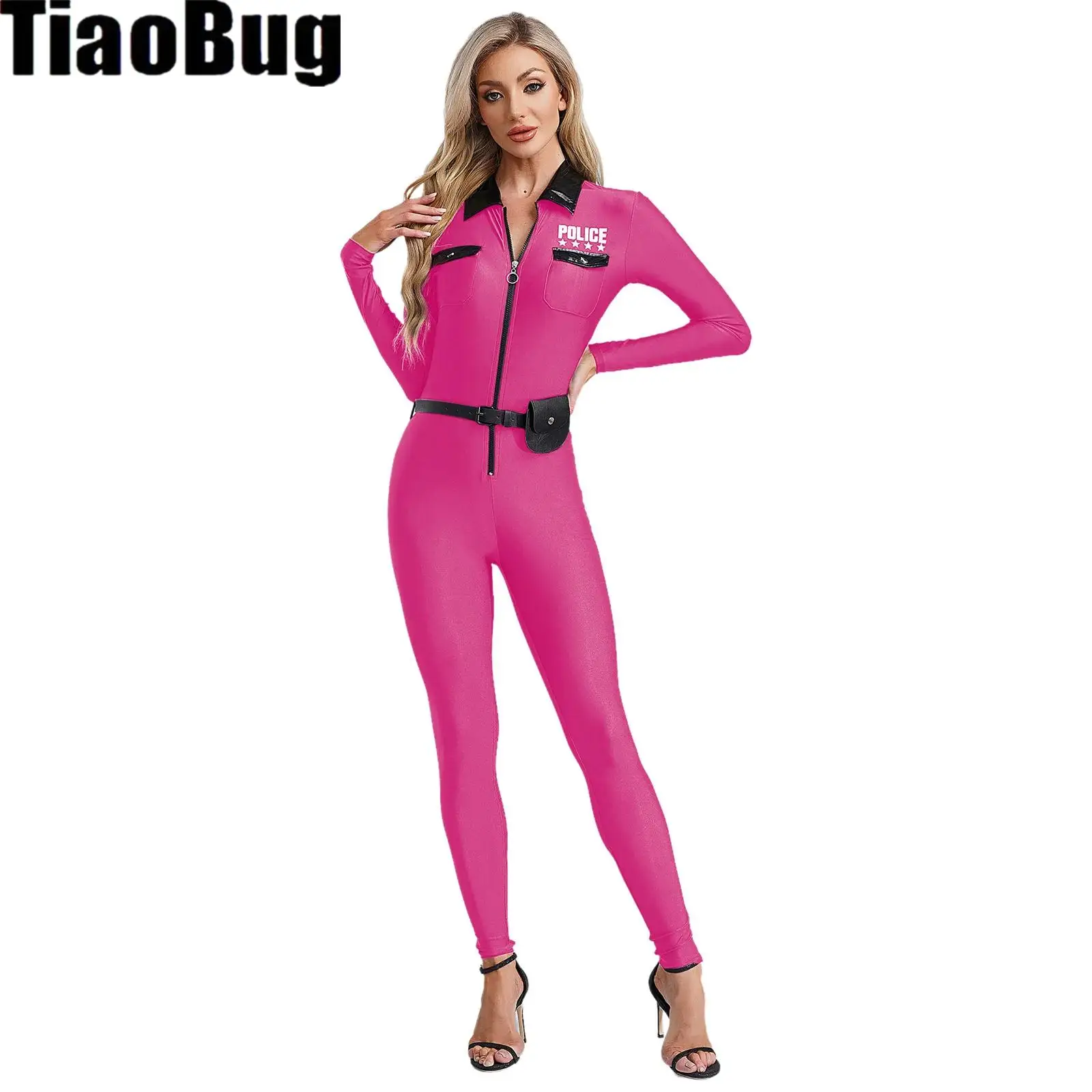 

Women Policewoman Cosplay Bodysuit Halloween Costume Lapel Collar Long Sleeve Zipper Bodysuit with Belt And Purse Uniform Set