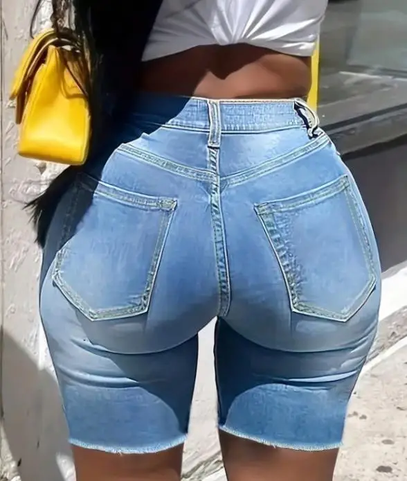 

Summer New Fashionable Casual Simple Washed Outdated Solid Color High Waist Brushed and Perforated Design Cowboy Shorts