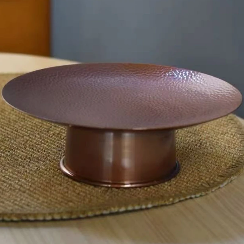 

Round Shape Red Copper Fruit Tall Feet Tray,Retro Engraving Hammer Texture Home Cheese 24 cm Plate,Snack Disc Table Decoration