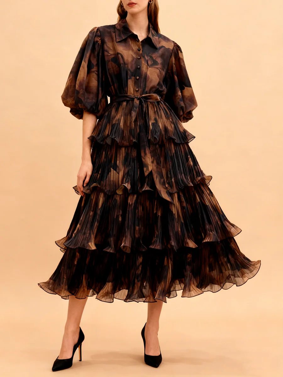 Vgh vintage luxuoso vestido para mulheres lapela meia manga cintura alta emendado rendas até em camadas vestidos de bolo roupas de moda feminina