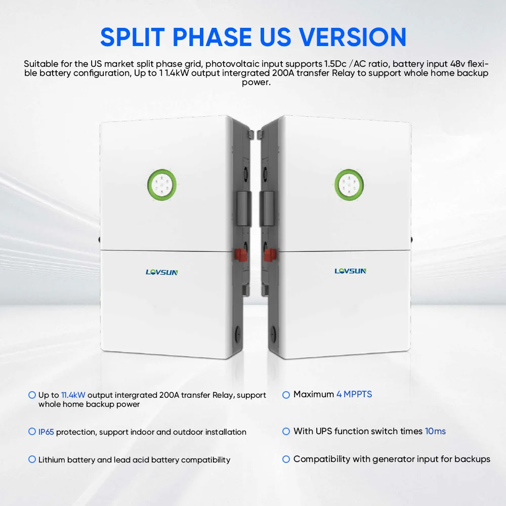 Us Version 120V 240V Solar Inverters 12kw 10kw 8kw 3-Phase Hybrid Solar Power Split Inverter Lithium Battery MPPT Controller