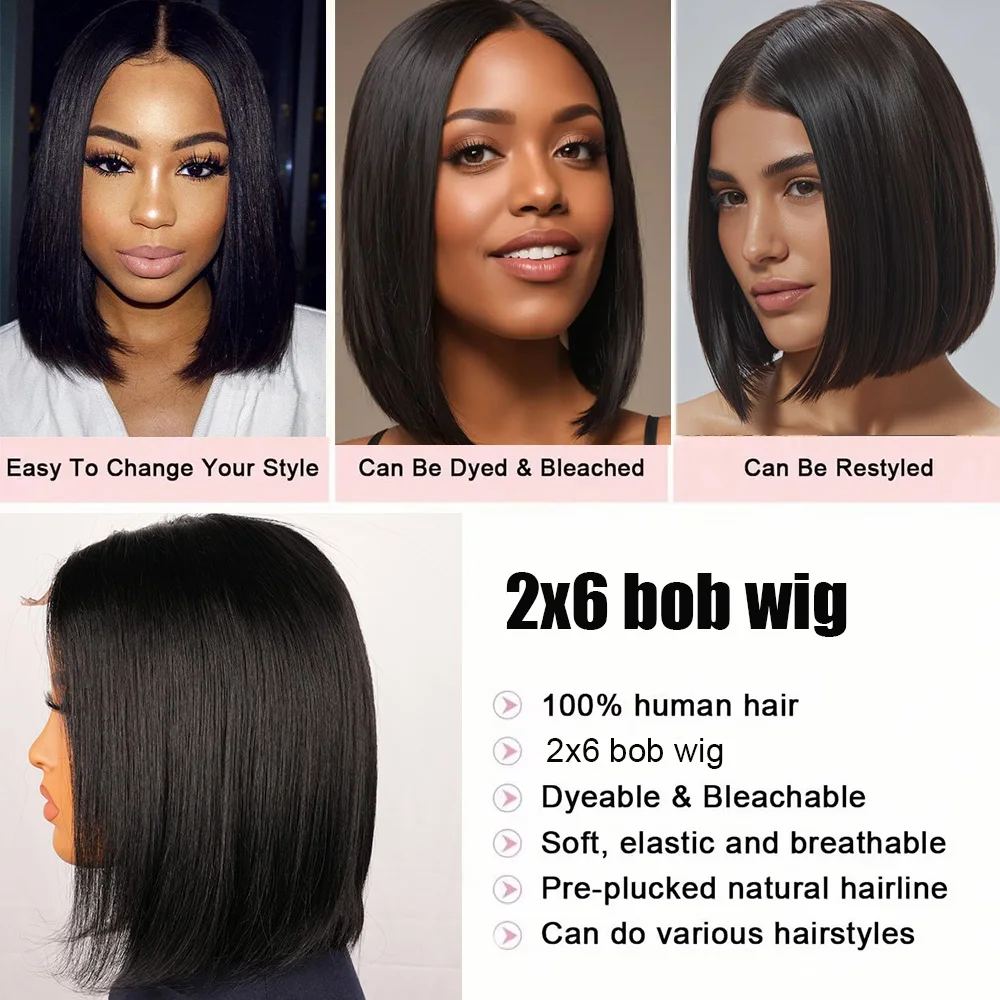 قصيرة بوب شعر مستعار 2x6 الدانتيل أمامي خصلات الشعر المستعار الإنسان مستقيم البرازيلي 100% باروكة من شعر طبيعي 2x6 شعر مستعار للنساء
