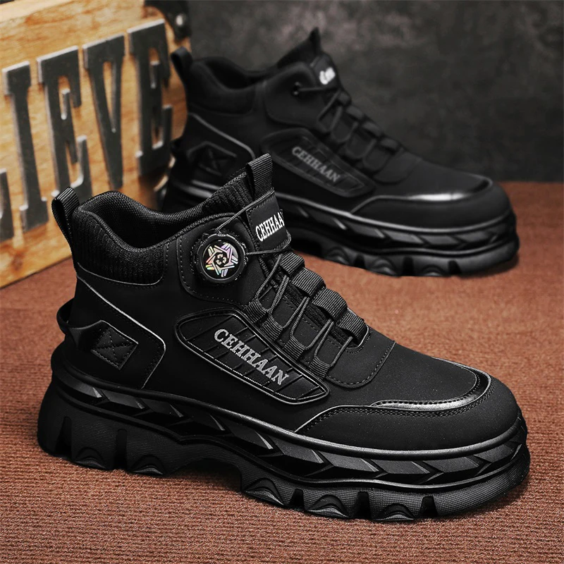 Men Rotary Knob High‑top Ankle Boots Matte Synthetic Upper Heavy Duty Lugged Outsole Outdoor Working & Walking Footwear