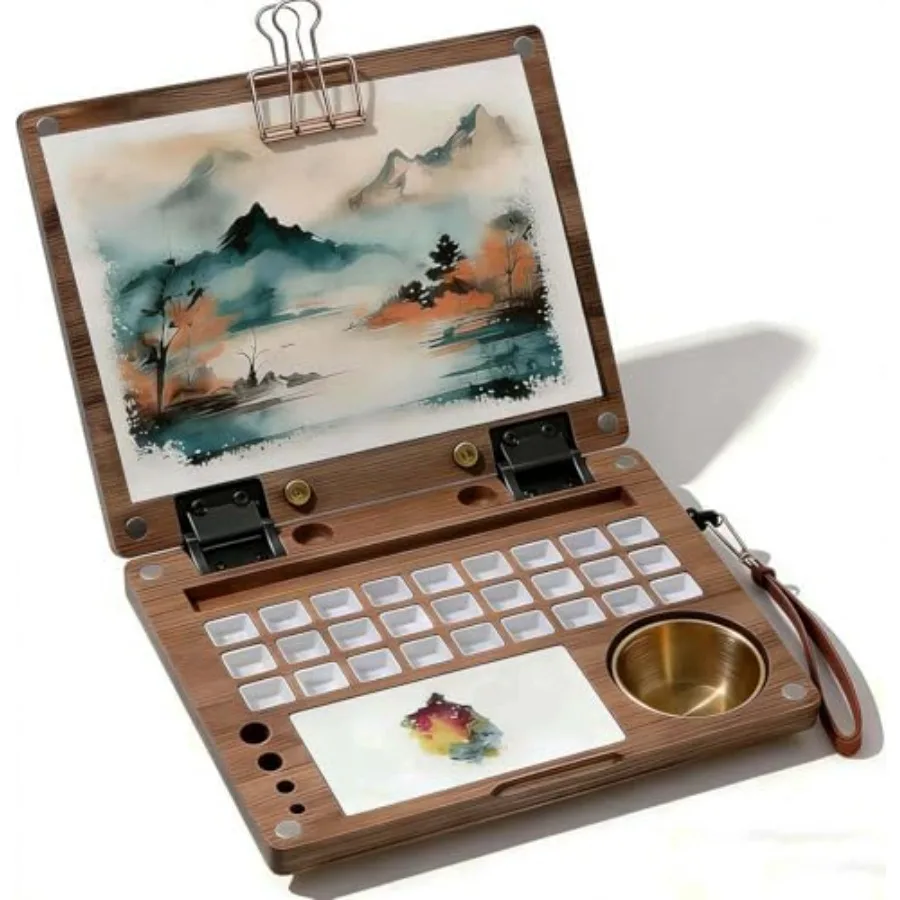 

Палитра для акварели на 27 ячеек, дорожная, пустая, из черного ореха, с кистью, стаканом для очистки, металлическими зажимами и ручкой для переноски