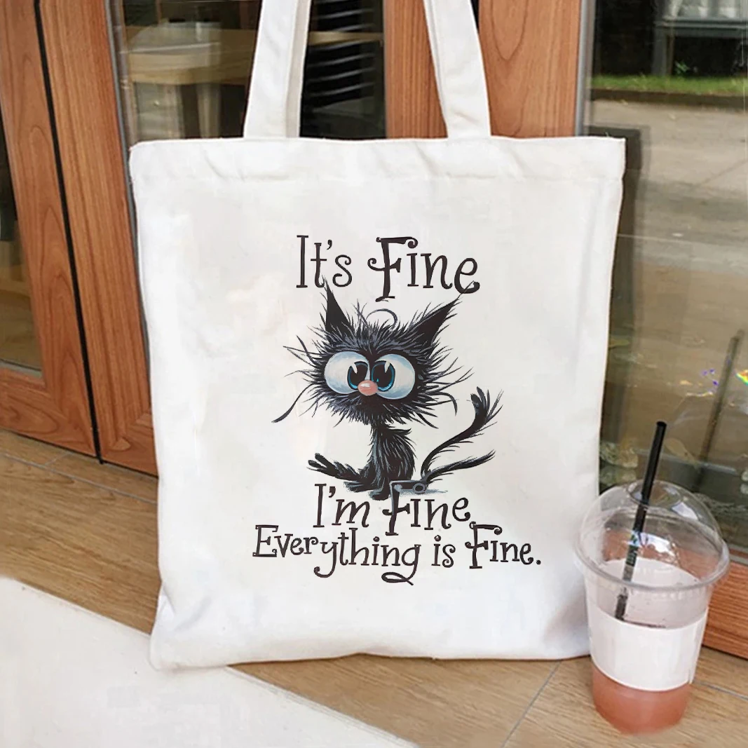 It's Fine Print Canvas Tote Bags حقيبة تسوق كبيرة كتب أنثى حقيبة مستحضرات التجميل حقيبة يد فتاة حقائب اليد القطة السوداء #3
