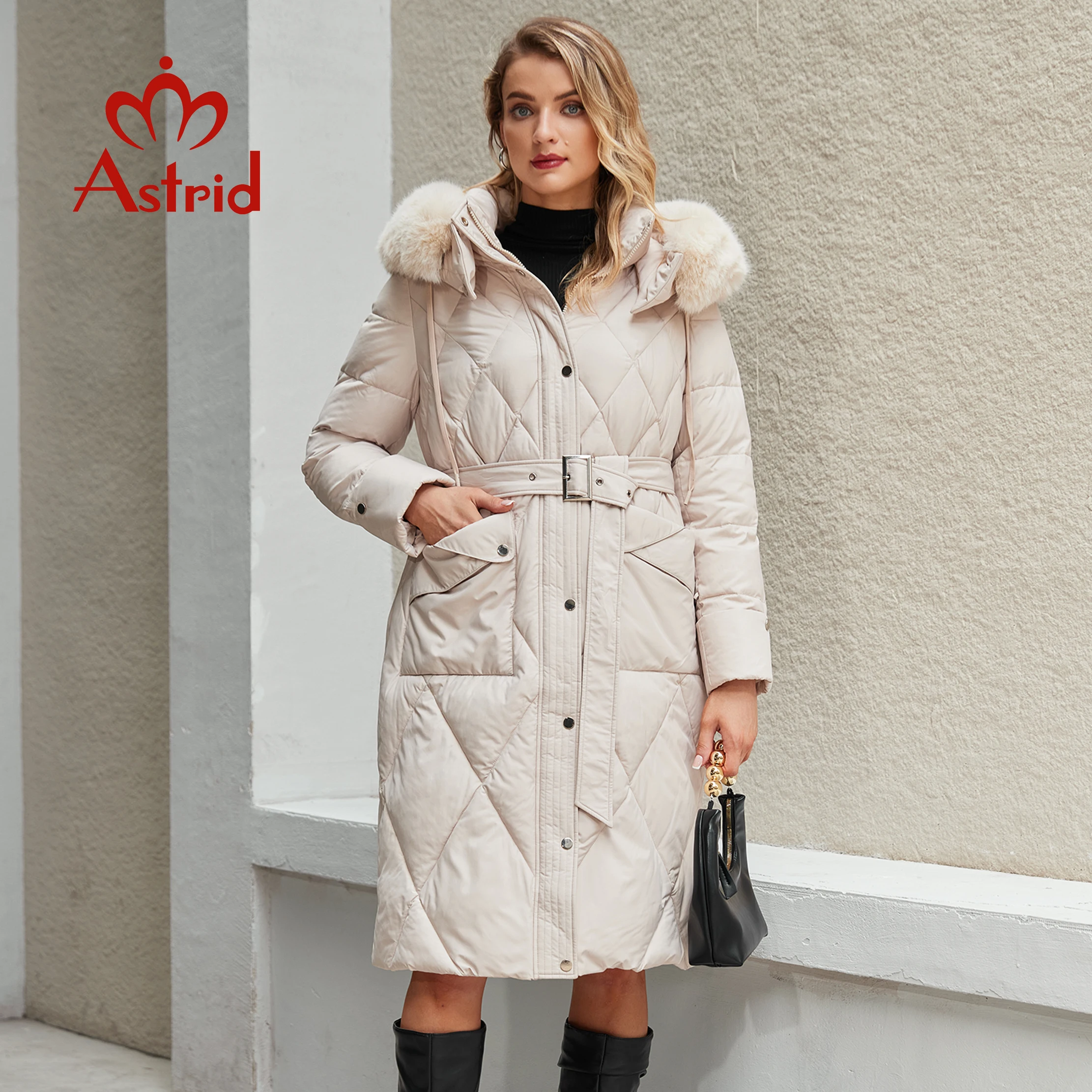 Astrid Winter Women Parka Big Fur Collar Hood Belt Thick Warm Overcoat Long Down Jacket Quilted Coat Female Clothing ZR-30220