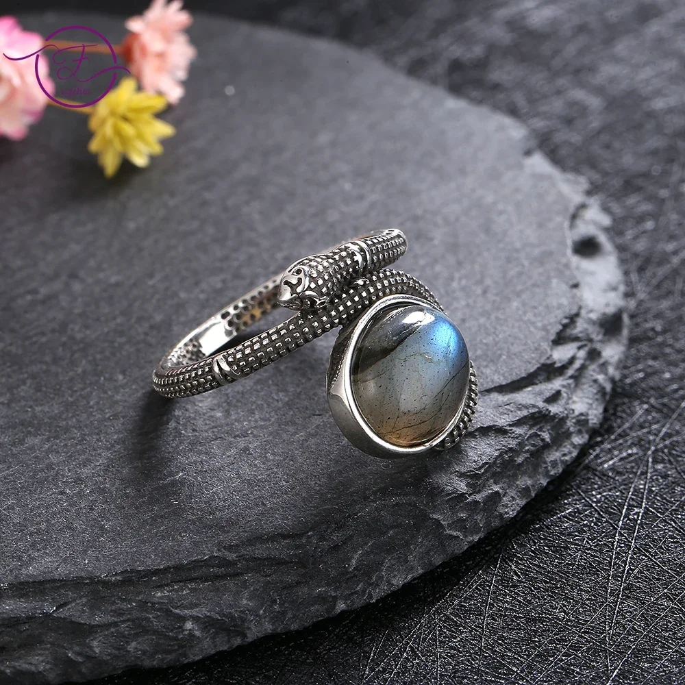 

Vintage S925 Sterling Silver Snake Shaped Rings 10*12MM Natural Labradorite Moonstone Turquoise Fine Jewelry Wedding Gift