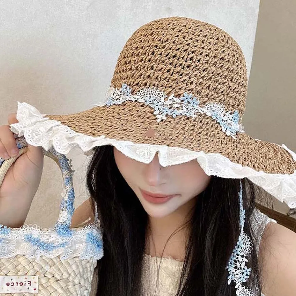 

Дышащая пляжная шляпа для отпуска с гирляндой и кружевом, с широкими полями, соломенная шляпа-сомбреро, легкая плетеная солнцезащитная шляпа для выступлений