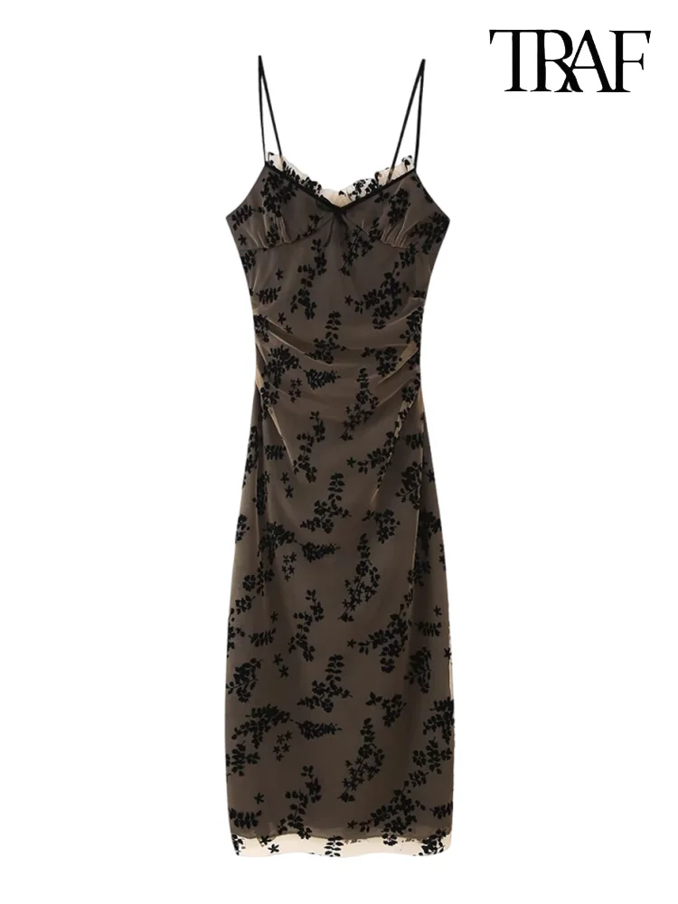 TRAF donne estate nuovo retrò elegante bruciato fiore stampa splicing maglia cavezza abito ins super fuoco spalline sottili backless Slim sottile temperamento abito fata