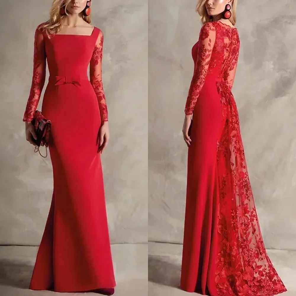 

Customized High Quality Elegant Jersey Bow Applique Mermaid Square Neck Long Dresses Bespoke Occasion Dresses Sizes Available