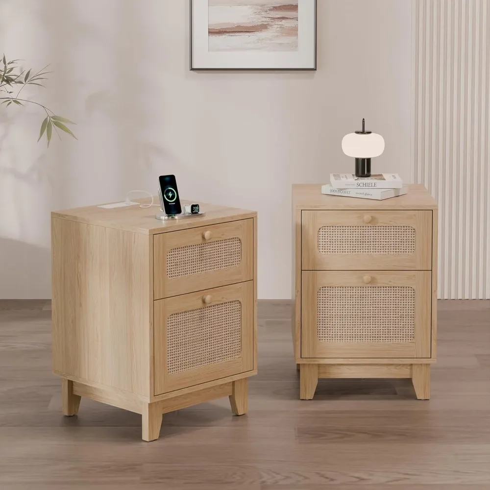 Modern Rattan Nightstand Set of 2, Wicker Rattan Stand with Drawer and Charge Station, Wooden Bedside Table for Small Spaces