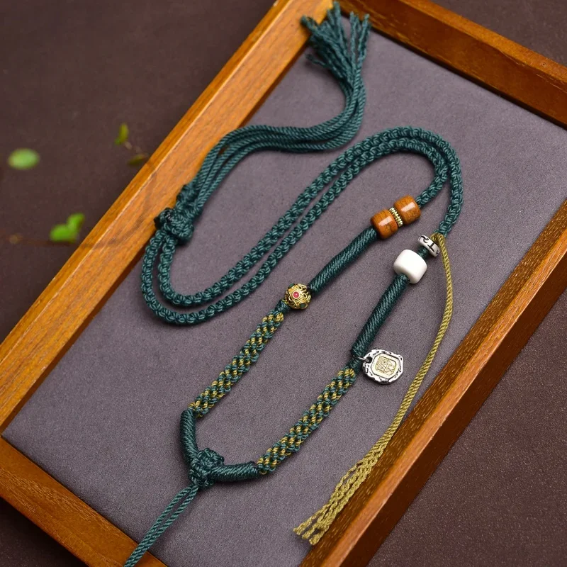 

Tibetan Hand Rub Cotton String Necklace Sweater Chain Thangka Amulet Beeswax Jade Pendant Pendant Rope Handmade Braided Rope Hig