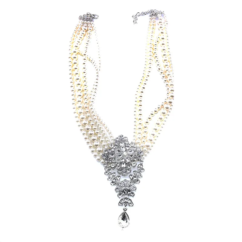 Costume Jewellery Wholesale Bridal Chunky Crystal Rhinestone Bib White Faux Pearl Beaded Layered Statement Necklace for Women