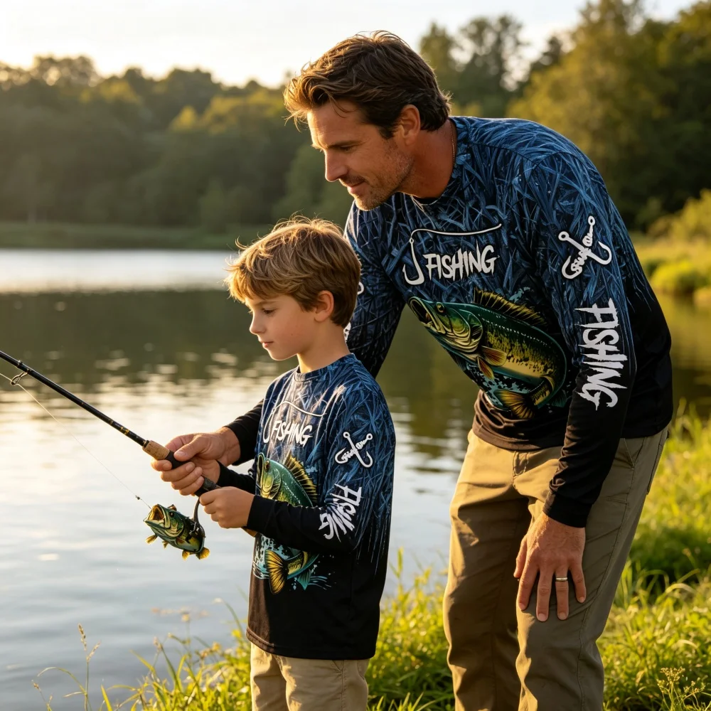 Fishing Shirt Family Matching Dad Son Long Sleeve Sunscreen Quick Dry Outdoor 3D Print Men T-Shirt Casual Anti-UV Fishing Shirts