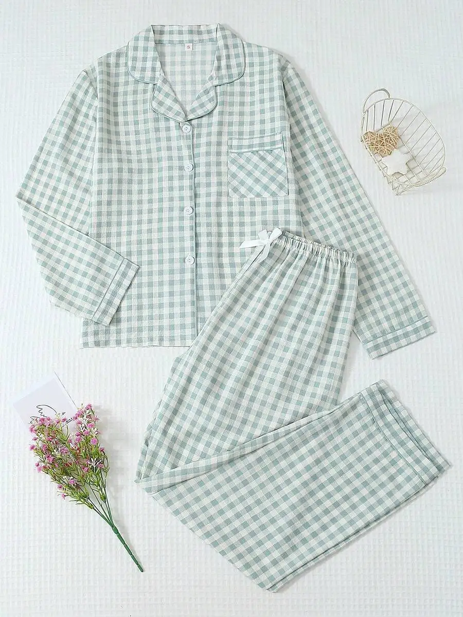 

Women Plaid Print Long Sleeve Button Collar Pajama Set Sleepwear Homewear Autumn Winter