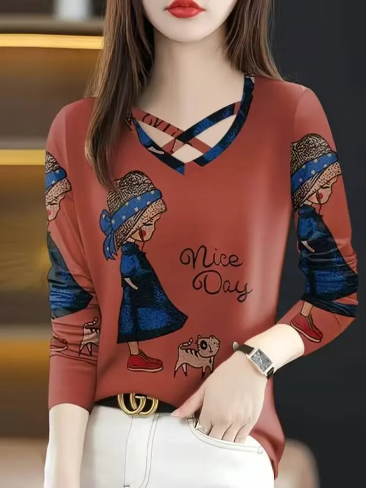 Women's Cross Neck Long Sleeve T-Shirt Thin Printed Base Shirt Large Size Cover Belly Outdoor Wear Casual Style V-neck Top