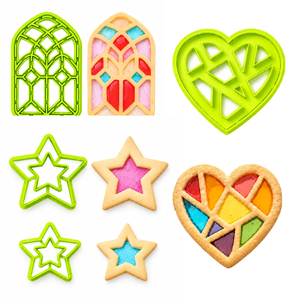 Stained Glass Window,Cherry blossom,Star,Heart Shape Cookie Cutter DIY Colorful Hard Candy Cookies Pastry Baking Tools