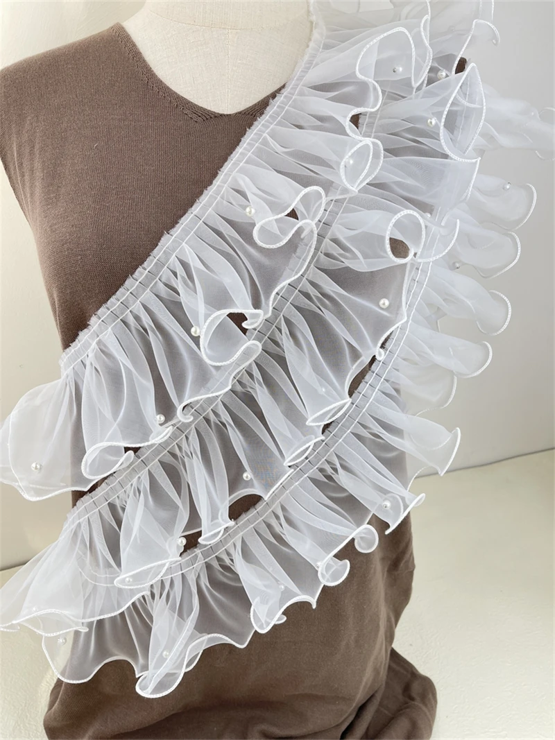 5 Yards Fairy Pleated trim Ruffled Organza Pearls Frill Trim for DIY Handmade Sewing Craft Making Lace collar Cuff Dress Hem