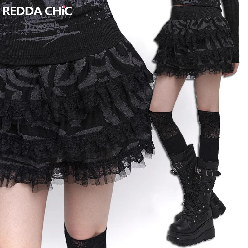 

ReddaChic Dark Punk Frayed Puffy Mini Skirt Women Tiered Ruffle Lace Trim Liner Elastic Waist Black Cake Skirt Grunge Streetwear