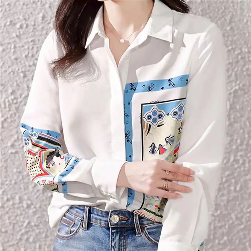 봄 한국 스타일 루즈핏 프린트 롱 슬리브 여성 쉬폰 셔츠 트렌디 디자인 캐주얼 편안한 폴리에스터 혼방