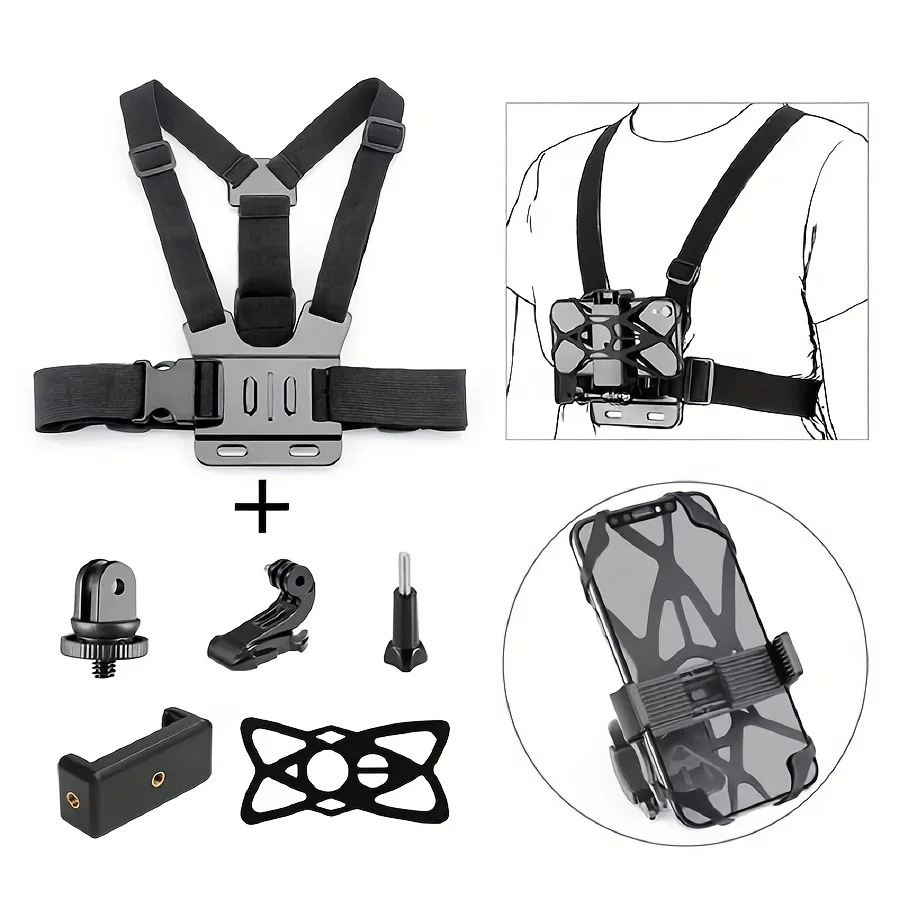 6-in-1 Chest Mount Strap For Gopro Hero 12/11/10/9/8/7/6/5, For AKASO EK7000, Brave 4, V50, Dragon Touch, WOLFANG Action Cameras