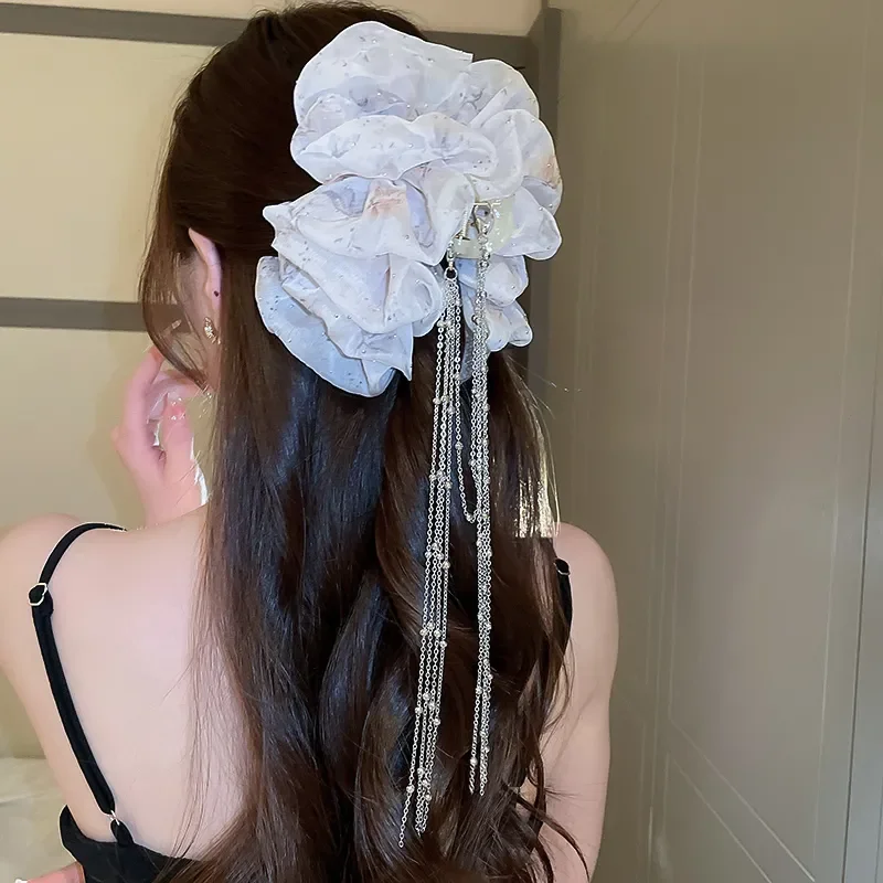 Female Mesh Bow Tie Tassels Grip Hairpin Shark Hair Clip Headwear Girl Kawaii Hair Accessories for Women Super Sweet Hair Claw - Image 3