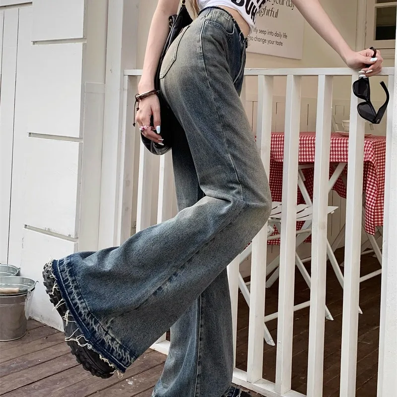 Retro Damen Frühling und Herbst gespleißt hohe Taille Knopf Reiß verschluss Tasche modische lose drapieren weites Bein zerlumpte Kante Jeans