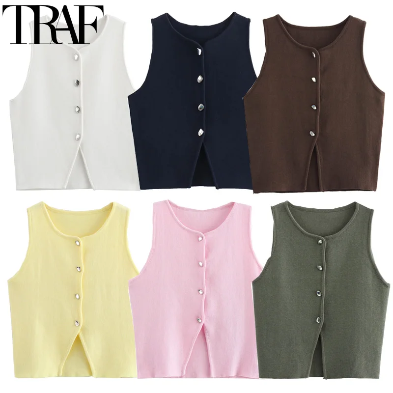 TRAF Female Sweater Vest Cropped Knit Vest Woman Sleeveless White Blue Vest Women Autumn Button Slim Yellow Pink Knitted Vests