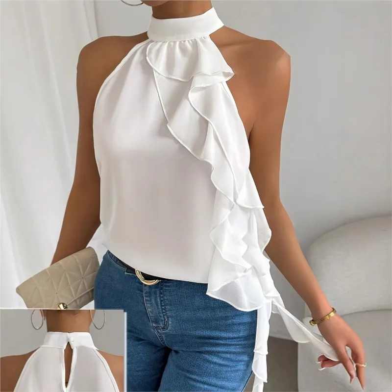 

Women's Elegant Tank Top For Summer Fashion Halter Neck Sleeveless Off Shoulder Ruffle Hem Lace Up Daily Commute White Tops