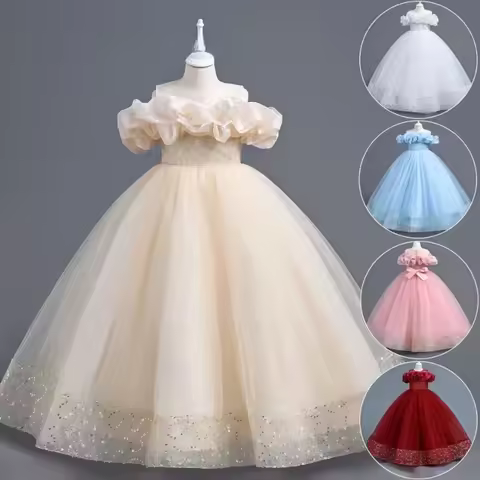 Flower Girls Sequined Evening Ball Gown Long Dress Tween Children Party Princess Dress for Weddings Performance Mesh Dress