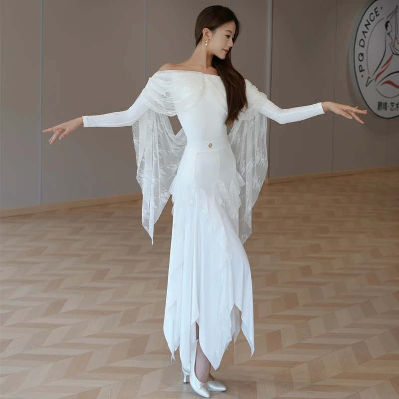 Waltz Ballroom Dance Clothes White Ruffled Latin Top Irregular Skirt Women Rumba Latin Dance Performance Suits Costumes SL13766