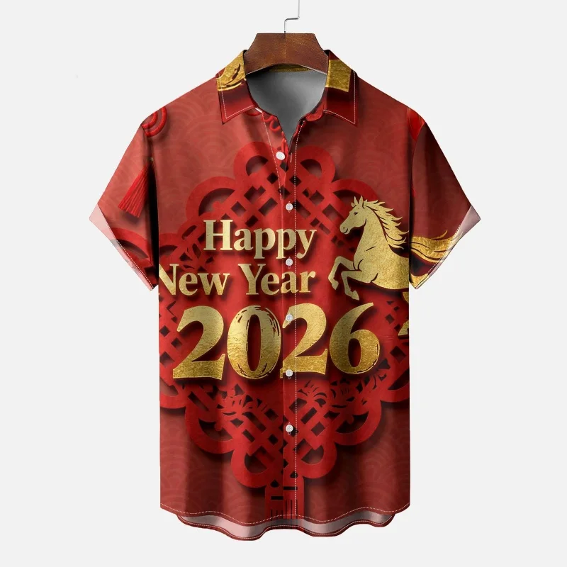 

2026 Гавайская рубашка с рисунком лошади для мужчин, с Новым годом, с 3D принтом и короткими рукавами, летние свободные рубашки Aloha, блузка унисекс, топы