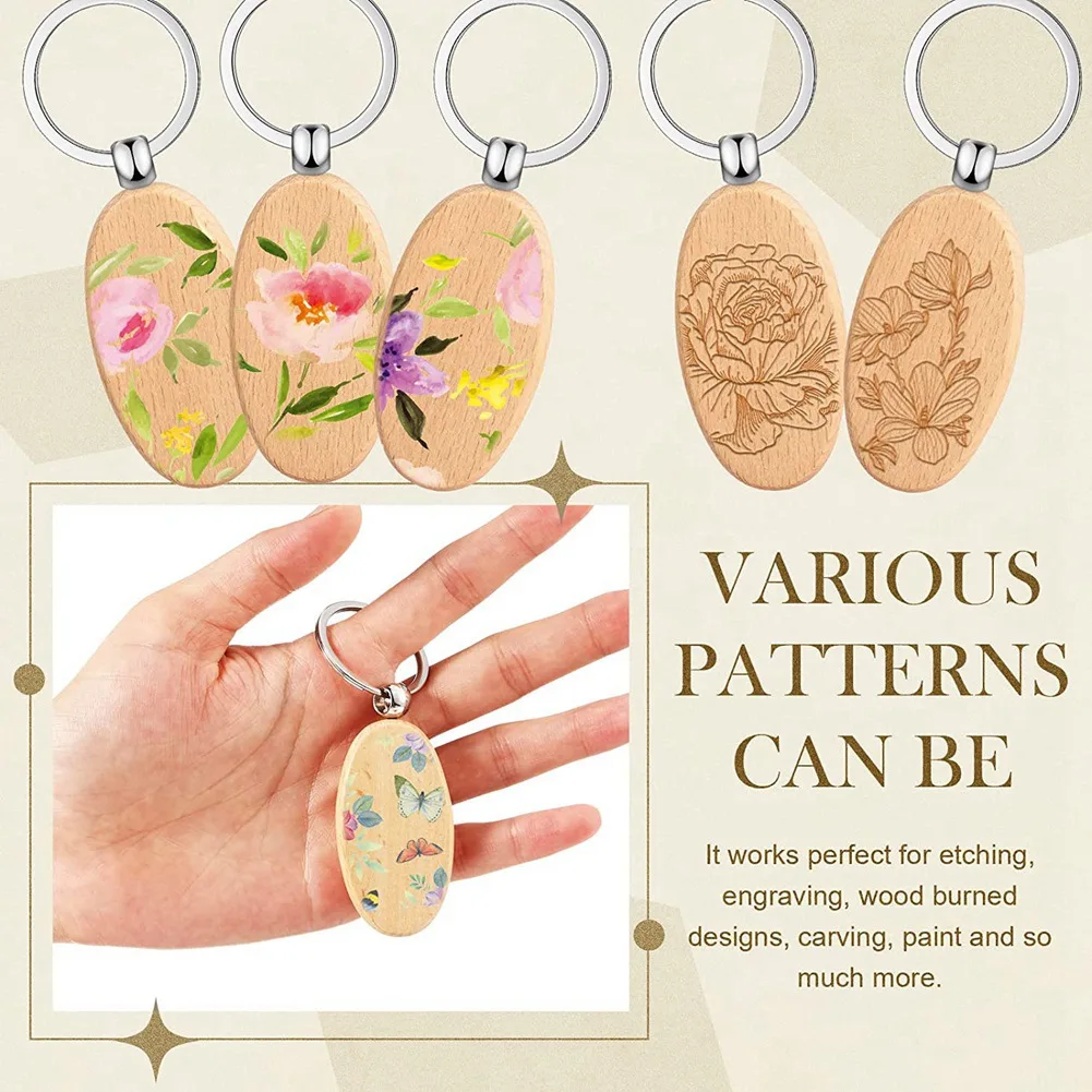 

ABUI-100 Pieces Wooden Keychain Oval Wood Engraving Blanks Unfinished Wooden Key Ring Key Tag For DIY Gift Crafts (Oval)
