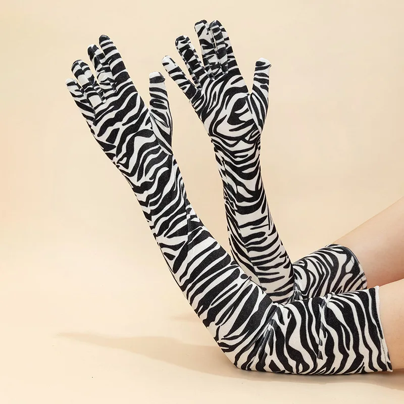 Fashion Zebra Print Gold Velvet Party Opera Dinner Dress Gloves Elastic Driving Mittens Women Full Finger Long Arm Sleeves S104