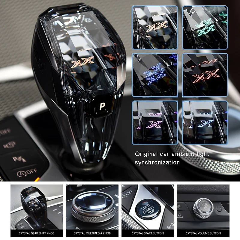 Crystal Four-piece Set Car Gear Shift Knob for BMW X5 X6 G05 G06 G07 G20 G29 G22 F40 F44 Sync Ambient Light Gear Knob