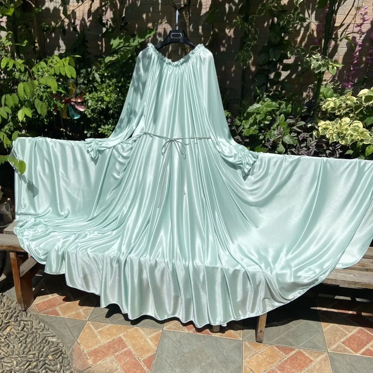 Oversize Smooth Silky Men's Special Large Hem Sleep Bed Skirt Full Body Silky Solid Long Skirt Elastic Sleeves Maxi Dresses
