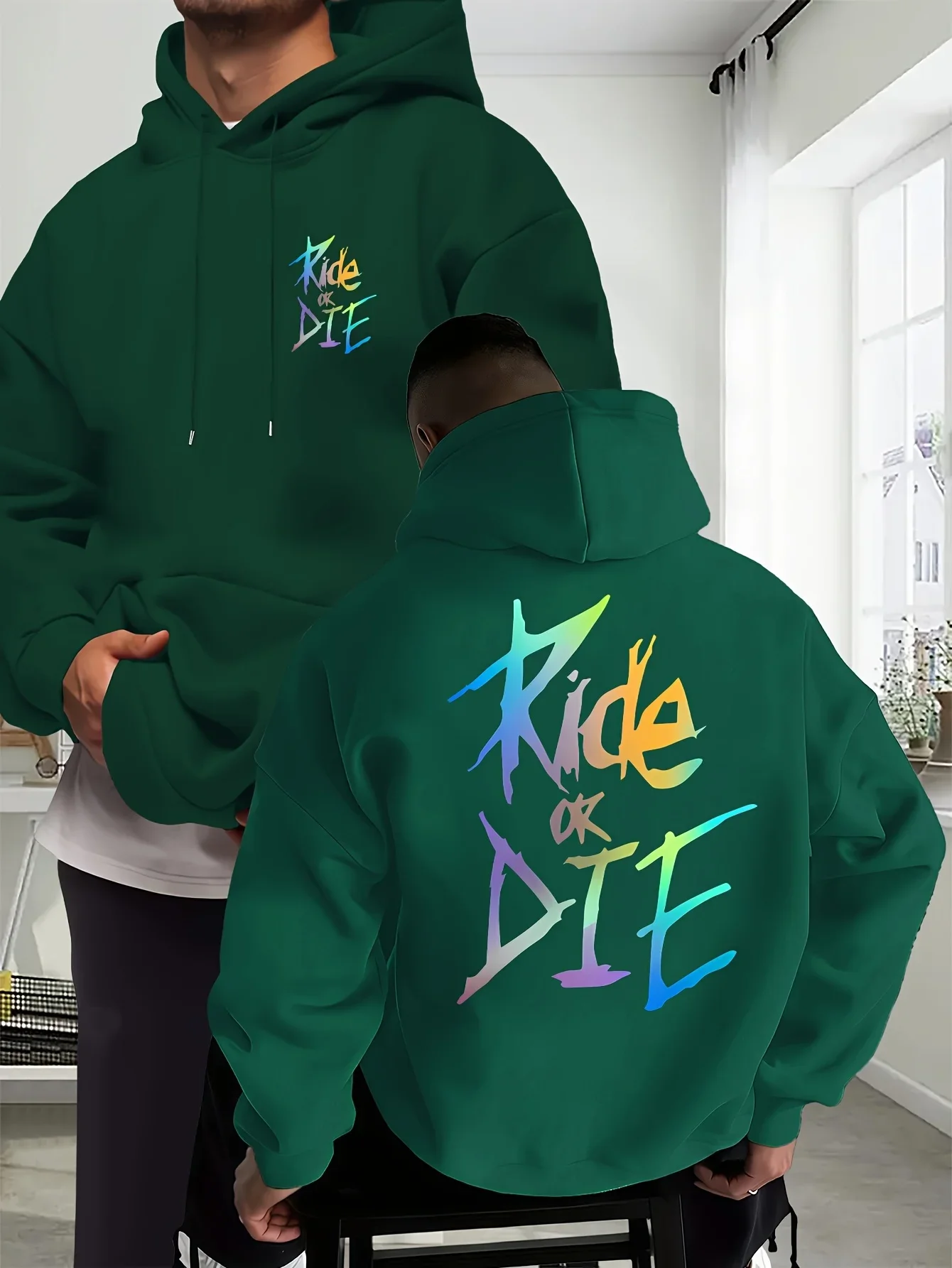 Men Hip Hop Aesthetic Hoodie Ride Or Die Rainbow Gradient Brush Letter Dual‑Side Print Loose Pullover Autumn Winter Fleece Lined