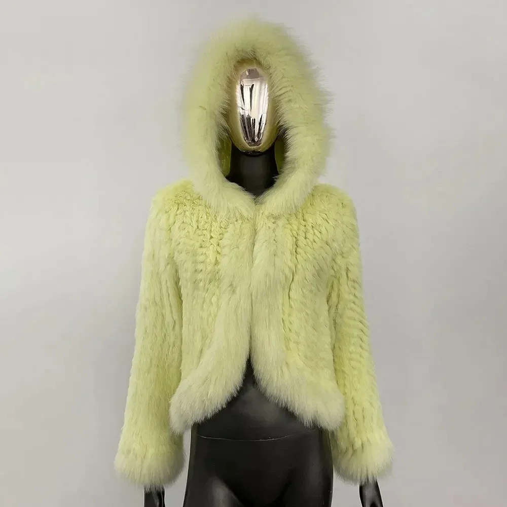 Kaninchen Pelzmantel Mode Poncho Stil Echt Gestrickte Frühling Herbst Frauen Casual Woven Pelzmantel Echt Fox Pelz Kragen Pelz Jacke Dame