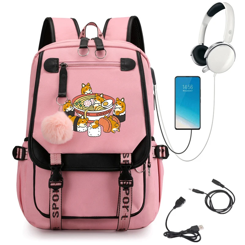 Mochila animal bonito dos desenhos animados, Mochila de carregamento USB, Ramen, Shiba, De volta às mochilas escolares, Anime Bookbag