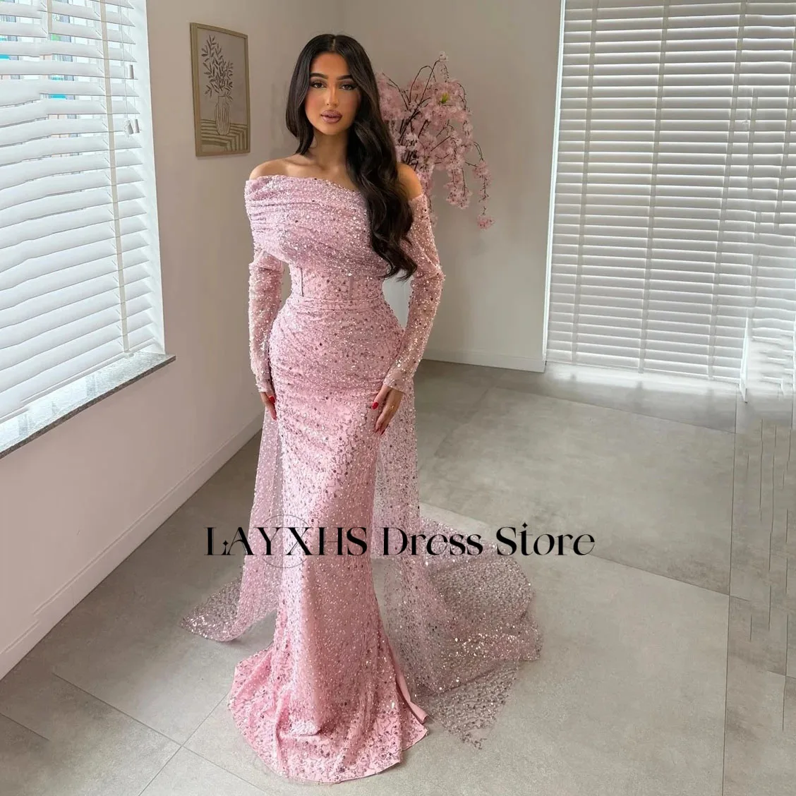 Layxhs lindo lantejoulas rendas vestidos de noite fora do ombro sereia mangas compridas tribunal trem vestidos de baile personalizado